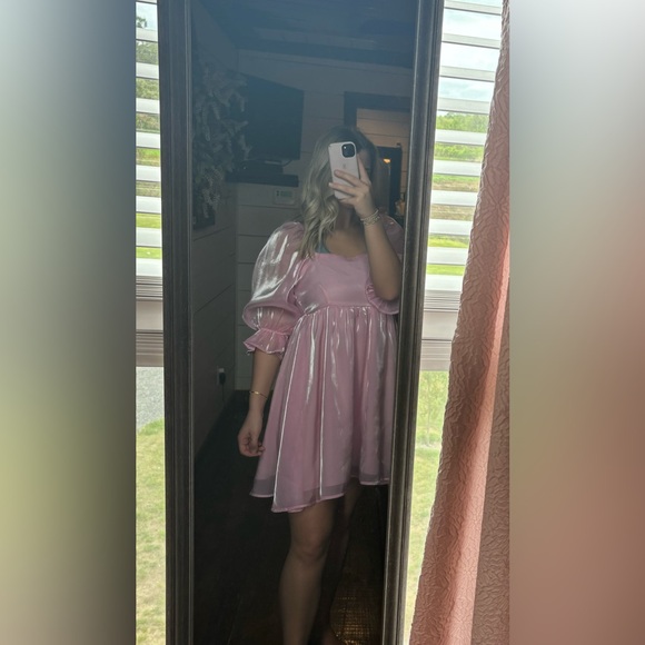 Bubble gum pink shimmer mini dress. - Picture 2 of 5